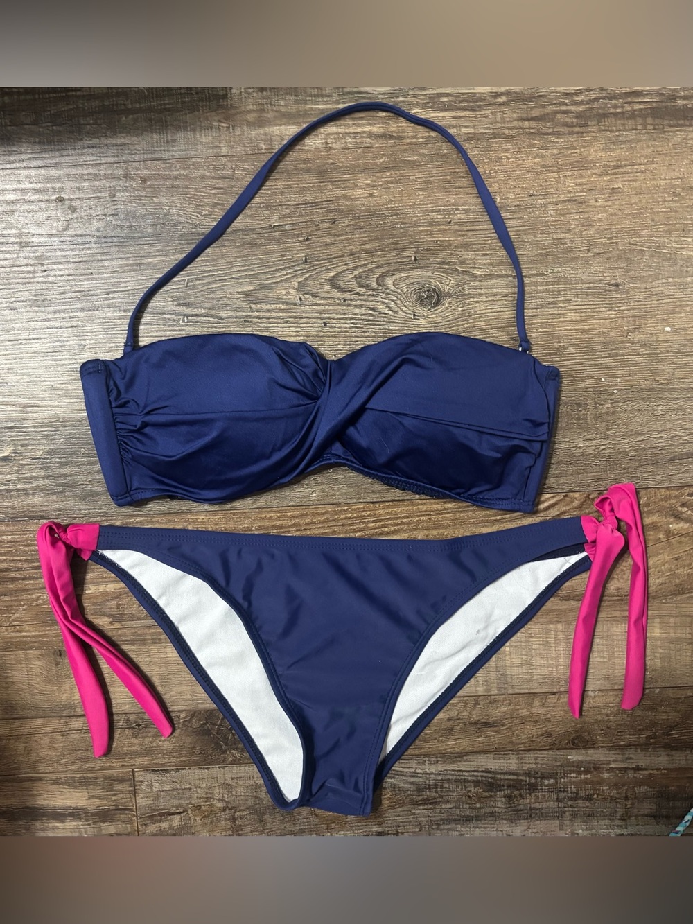Navy Blue Bandeau Bikini with Pink Side Ties